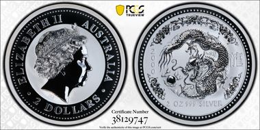 2000 $2 Year of the Dragon 2oz Ag MS69