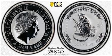 2004 $2 Year of the Monkey 2oz Ag MS69