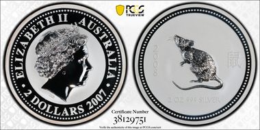2007 $2 Year of the Rat 2008  2oz Ag MS70