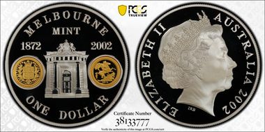 2002 $1 Melbourne Mint KM-660 Select Gilt Ag PR69DCAM