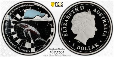 2008-P $1 Humpback Whale Antarctic Territory PR70DCAM