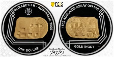 2009 $1 Adelaide Ingot Select Gilt Ag PR69DCAM