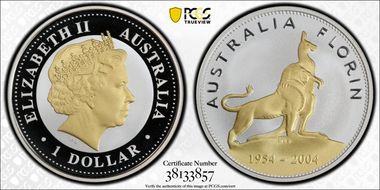 2004 $1 Royal Visit Florin Selective Gilt PR70DCAM