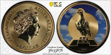 2015 $1 Blue Chequer Cock Colorized MS68