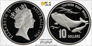 1996 $10 Southern Right Whale  Piedfort PR69DCAM