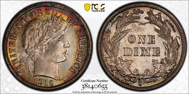 1916-S 10C Barber MS67+