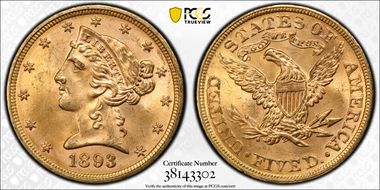 1893 $5 MS64