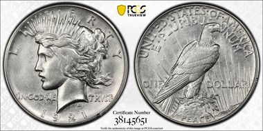 1921 $1 High Relief, Peace AU55