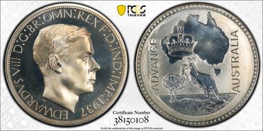 "1937" Crown Edward VIII Advance Australia Silver Reeded Edge PR67CAM