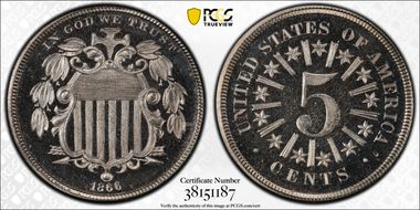 1866 5C Rays PR67CAM