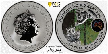2010-P $1 Panda & Koala Colorized Shanghai World Expo MS68
