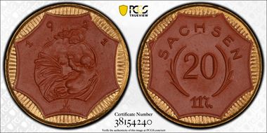 1921 20 Mk Jaeger-N59 Saxony Notgeld Brown Porcelain Gilt Rim MS65