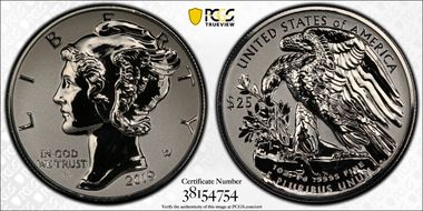 2019-W $25 Palladium, Reverse Proof First Day of Issue Flag Picture Frame PR70