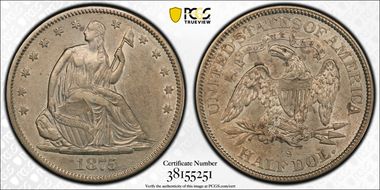 1875-S 50C WB-1, Medium-Small S AU50