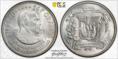 1955 Peso Trujillo Regime KM-23  Ag MS64