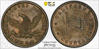 (1847) Tkn $10 California Counter Flag Brass AU55