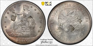 1874-S T$1 Chopmarked MS63