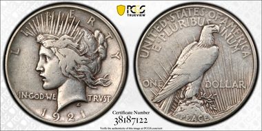 1921 $1 High Relief, Peace VF30