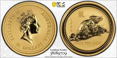 1996 $25 KM-299 Year of the Rat  1/4oz Au MS69