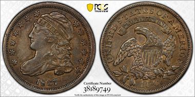 1837 10C Capped Bust AU53