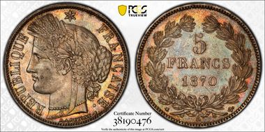 1870-A 5 Fr Gad-742 F-332 Cérès Sans légende MS62