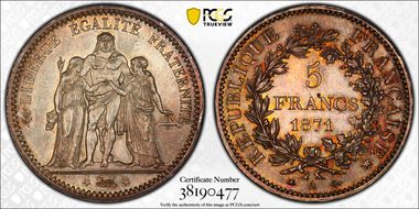 1871-A 5 Fr Gad-745 F-334 Abeille MS64