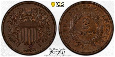 1864 2C Large Motto MS63BN