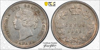 1893 5C Narrow Date, 8/8, 9/9 RP-3 AU50