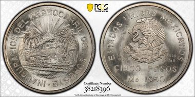 1950-Mo 5 Peso Southeastern Railroad KM-466  Ag MS66