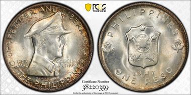 1947-S Peso Douglas MacArthur KM-185  Ag MS65+