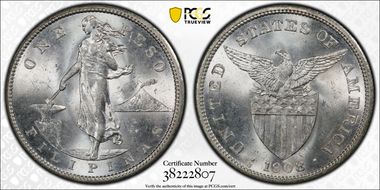 1908-S Peso KM-172  Ag MS64