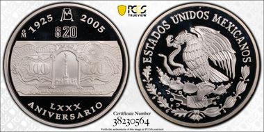 2005-Mo 20 Peso 80th Ann Bank of Mexico PR68DCAM
