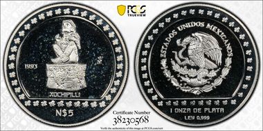 1993-Mo 5 Peso Xochipilli KM-647  Ag PR64DCAM