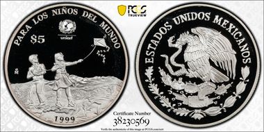 1999-Mo 5 Peso UNICEF KM-640  Ag PR69DCAM
