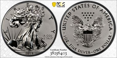 2019-W $1 Silver Eagle Enhanced Rev PR Pride of Two Nations, U.S. Set First Strike PR70