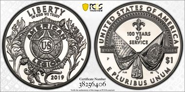 2019-P $1 American Legion 100th Ann Silver Dollar & Medal Set First Strike PR69DCAM