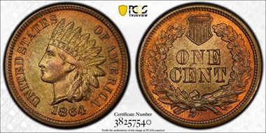 1864 1C L on Ribbon MS66+ RB