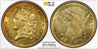 1834 $5 Classic Head, Plain 4 AU58