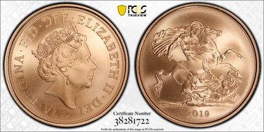 2019 £5 St. George Matte MS70