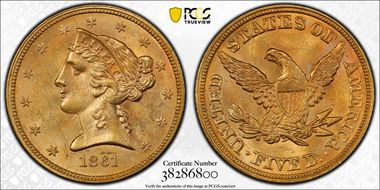 1861 $5 MS63
