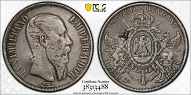 1866-Mo Peso Maximilian KM-388.1  Ag N1