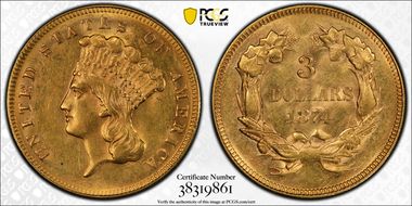 1874 $3 AU58