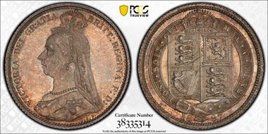 1887 6D S-3928 Shield Rev MS65