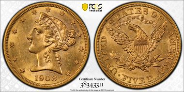 1908 $5 Liberty MS61