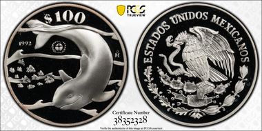 1992-Mo 100 P Vaquita Porpoise KM-566  Ag PR69DCAM