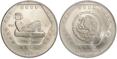 1994-Mo 5 Peso Chaac Mool  KM-574  Ag MS67