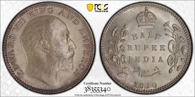 1910-B 1/2 Rup SW-7.72 Incuse MS64