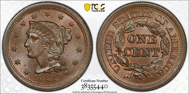 1852 1C Newcomb 5 MS64+ BN