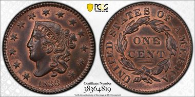 1833 1C Newcomb 6 MS65+ RB