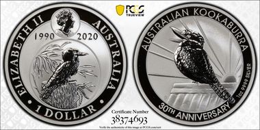 2020-P $1 Kookaburra Ag 30th Anniv. MS70